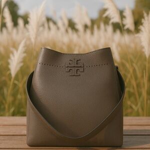 NEW Tory Burch Mcgraw Silver Maple Taupe Bucket Tote Shoulder Bag